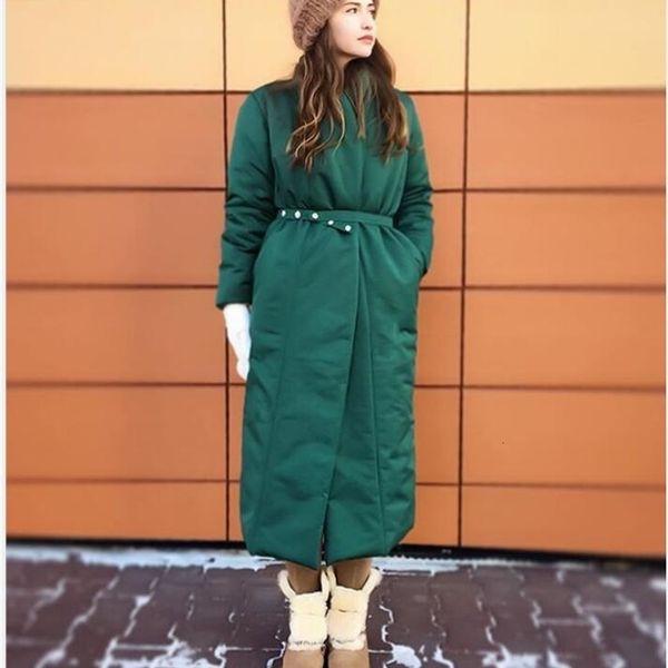 

new design women winter degree thick coat warm parka oversized maxi long coat with belt casual outerwear 201014, Black