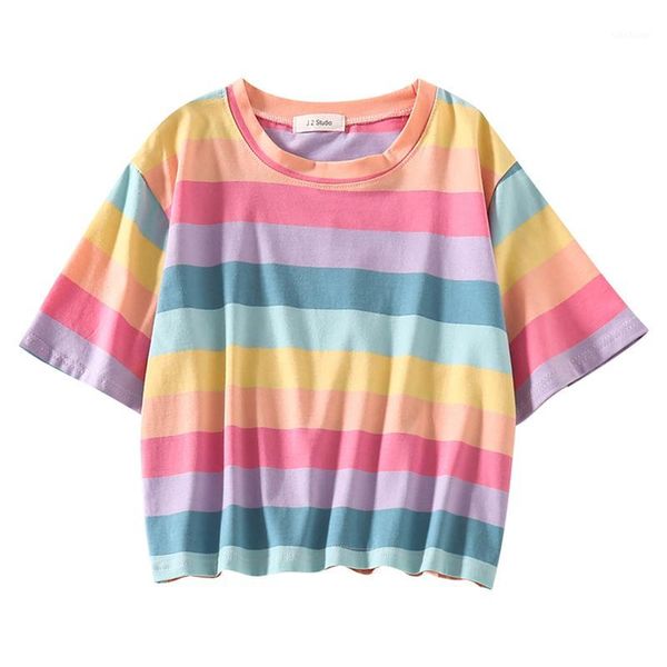 

women's t-shirt japanese sweets women tumblr cute korean rainbow stripe shirt female harajuku kawaii ulzzang vintage crop tee shirt1, White