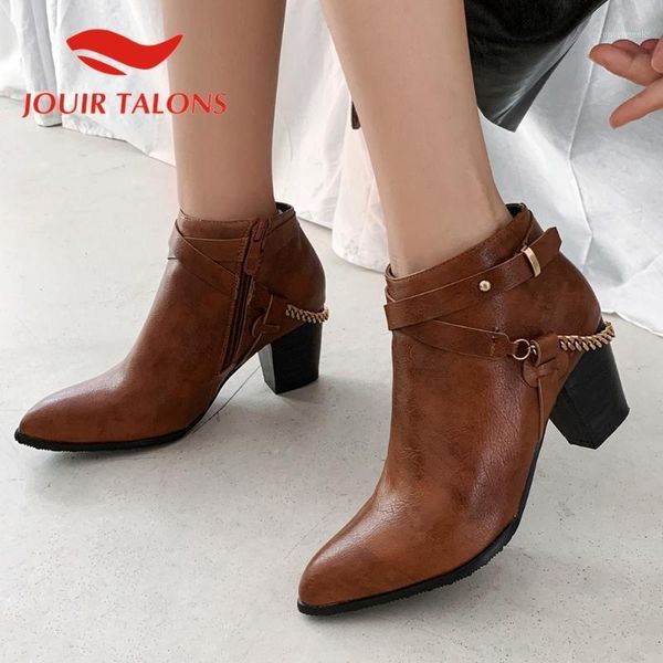 

boots jouir talons 2021 arrivals women shoes pointed toe chunky heels chain bukle strap ankle boots1, Black