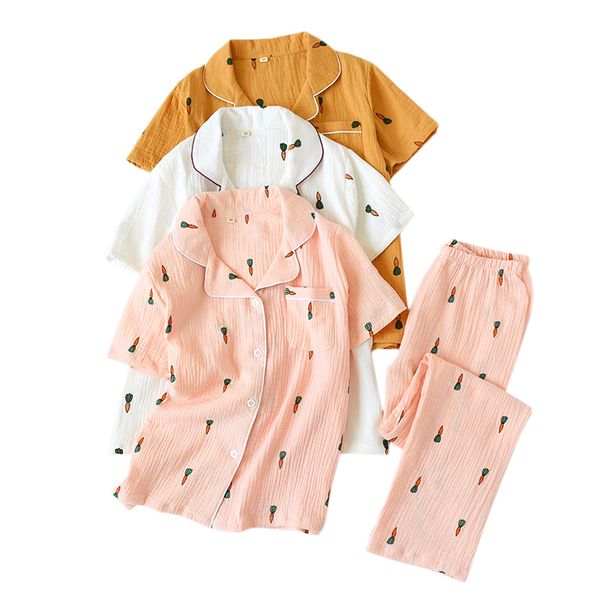 

sweet fresh korean female sleepwear 100% crepe cotton short sleeve japanese pajama pants women's pajamas sets new summer kl8q, Black;brown