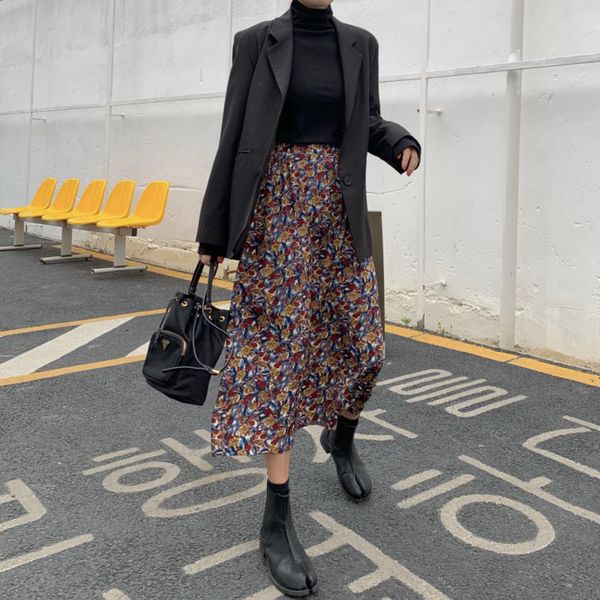 

floral print women skirt high waist spring summer female midi holiday ladies bottoms 2020 q1209, Black
