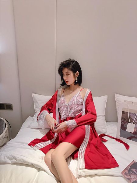 

women's sleepwear 2pcs spring and summer luxury princess with chest pad imitation silk pajamas women suspenders nightdress nightgown, Black;red