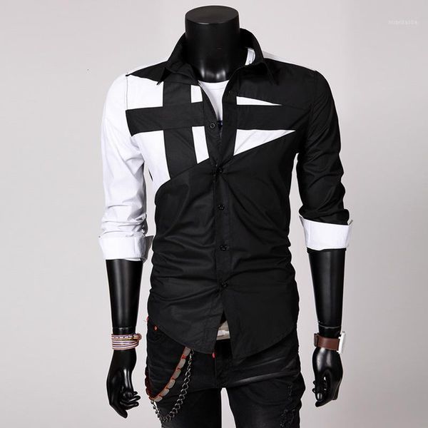 

quality graffiti printed patchwork mens dress shirts button long sleeve slim fit casual social club camisas masculinas men shirt1, White;black