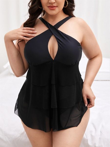 

plus solid cross bikini swimsuit 40iz#, Black