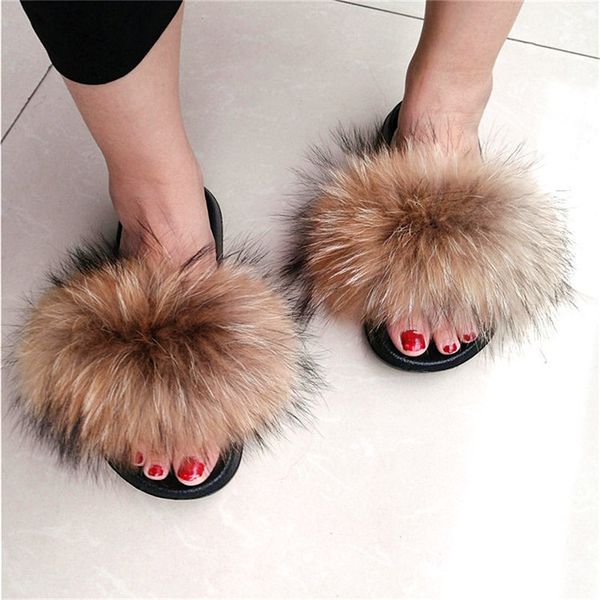 

summer fluffy raccoon fur slippers female home flip flops ladies indoor plush shoes women real fox fur slides outdoor sandals y1124, Black