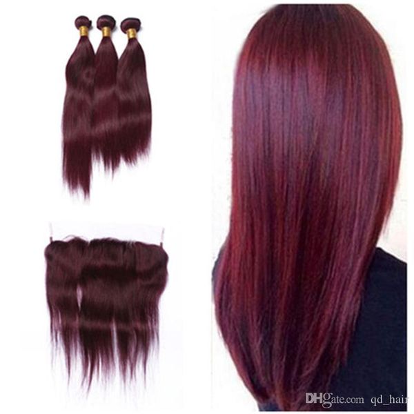 

new wine red #99j hair bundles with lace frontal burgundy 13*4 ear to ear lace frontal with straight hair weaves, Black