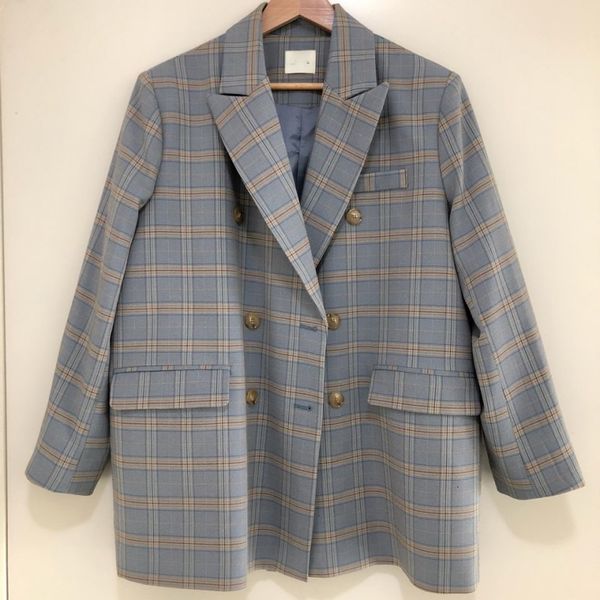 

fashion blouse female 2021 spring new casual loose suit women double breasted with pockets plaid print elegant jacket t200817, White;black