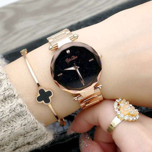 

versatile rose trend women's korean star gold sky stone english watch waterproof fashion girl steel band table 2021, Slivery;brown