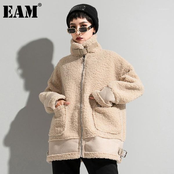 

eam] loose fit big size lambswool leather jacket new stand collar long sleeve women coat fashion autumn winter 2021 1dd14381, Black;brown