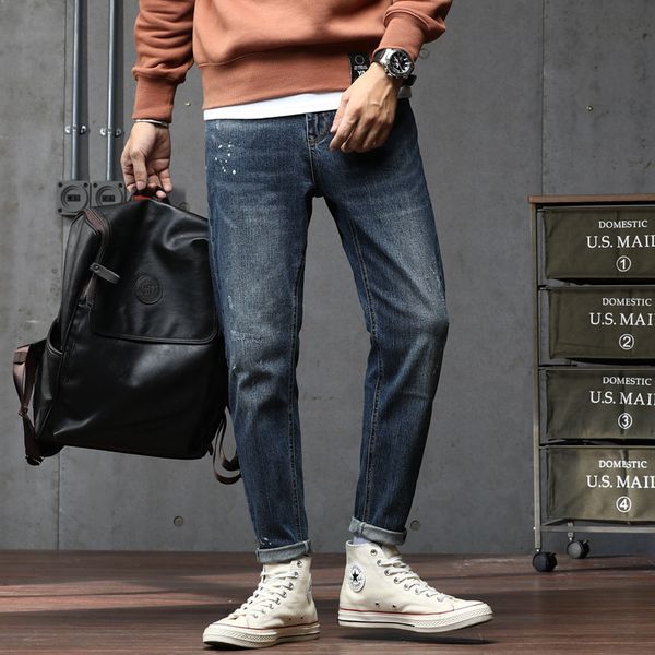 

autumn jeans brand slim elastic feet casual men's pants korean fashion versatile, Blue