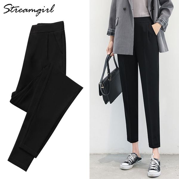 

women harem pants summer elastic waist plus size office chiffon capri pencil black work pants for women high waist trousers thin 201109, Black;white