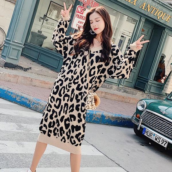 

casual dresses 2021 street sweater dress v neck sweaters spring autumn long sleeve leopard print pullovers vestido streetwear, Black;gray