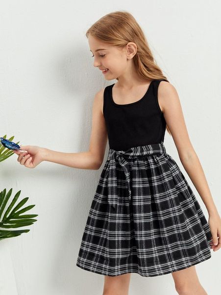 

girls plaid spliced tie waist dress she, Red;yellow