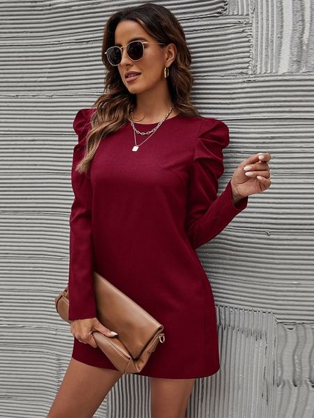 

solid leg-of-mutton sleeve keyhole back dress e3v0#, Black;gray