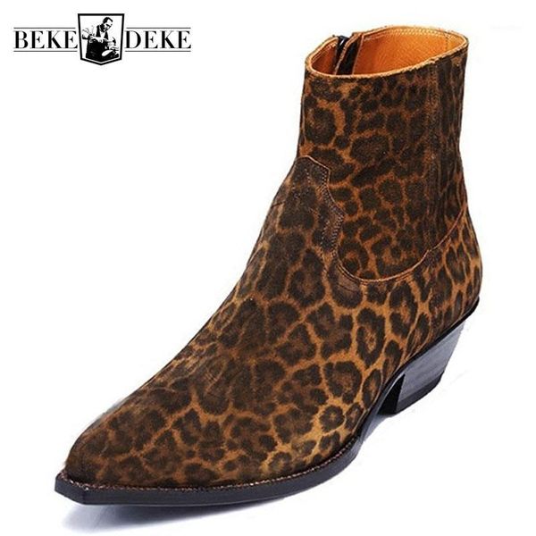 

runway men leopard printed boots pointed toe cow suede cowboy ankle boots 2019 summer dress botas plus size1, Black