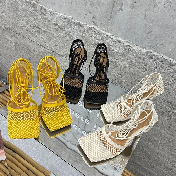 

summer new hollow breathable mesh women sandals square toe stiletto high heels women pumps ankle lace-up elegant dress shoes, Black