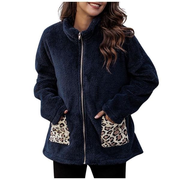 

women's fur & faux leopard patchwork women teddy coat autumn turn down collar fluffy plush winter jacket plus size overcoat, Black