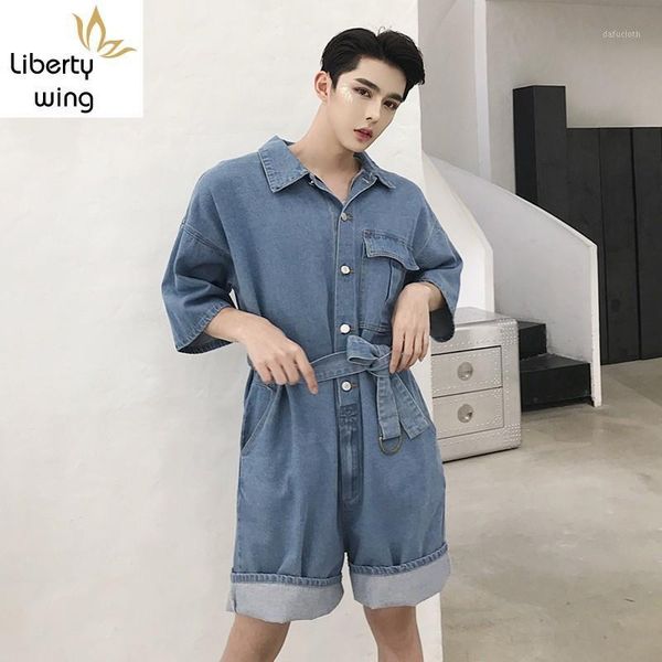 

new summer men short sleeve jean jumpsuits fashion single breasted denim playsuits streetwear loose fit knee length jumpsuit1, Blue