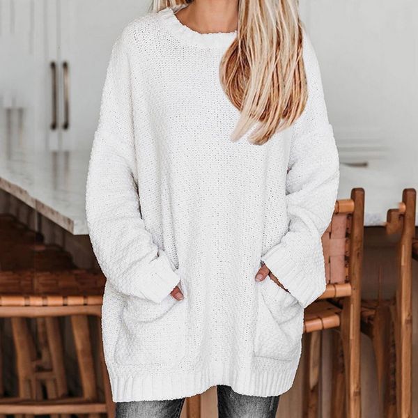 

puimentiua autumn oversized sweater women loose solid knitted pullovers women long sleeve o neck korean sweaters female 2021, White;black