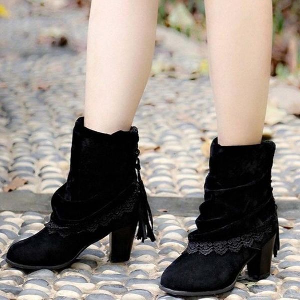 

boots ribetrini office ladies chic winter women big size 43 lace fringes high heels classic ankle boot female, Black