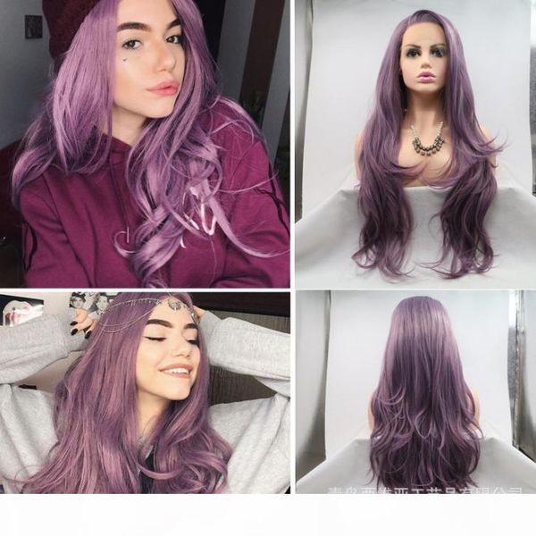 

sylvia heat resistant fiber long body wave synthetic lace front wig for women side part purple glueless hair cosplay party wigs, Black
