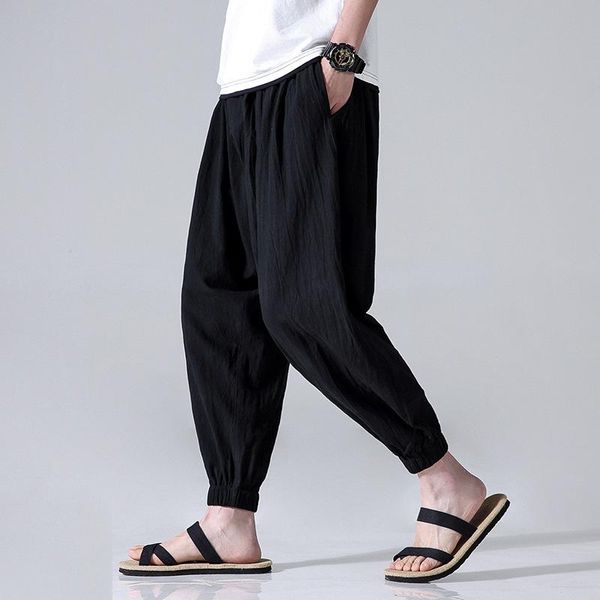 

men's pants plus 5xl slacks summer cotton and linen nine minute trousers low spread leg leggings, Black
