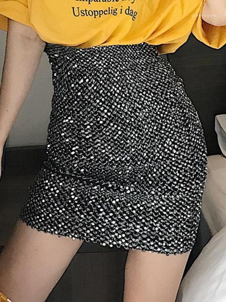 

skirts women's shiny sequined skirt autumn and winter elastic short skirt1, Black