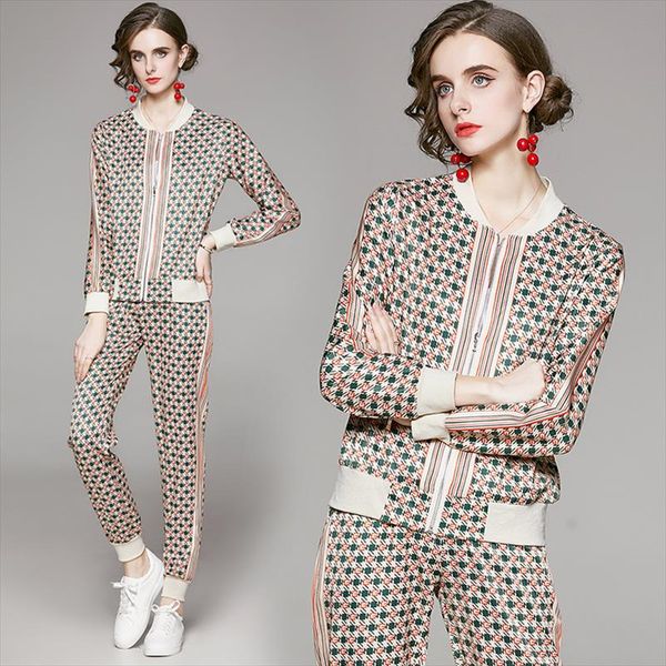 

new spring fall runway 2 piece womens sets vintage letters print zippered long sleeve jacket coat pants tracksuits outfits, Gray