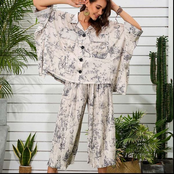 

ewq] 2021 spring summer new pattern lapel long sleeve print patchwork two piece set women fashion tide fashion tide 3aj18312b, Gray
