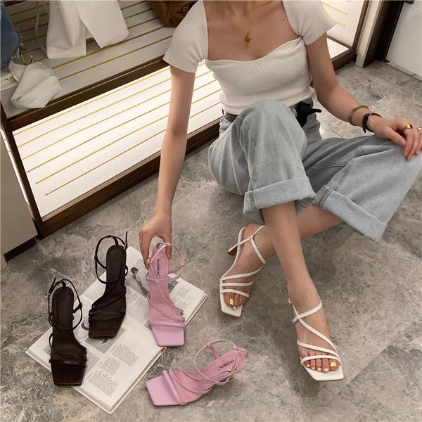

monmoira narrow band cross-tied high heels sandals women vintage square toe elegant ladies shoes thin heel designer shoes women, Black