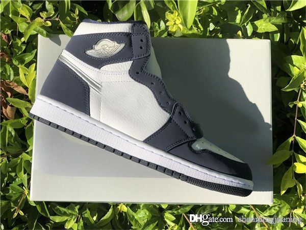 

2020 new air authentic 1 high og co.jp midnight navy sports shoes white leather metallic silver men retro sneakers with box