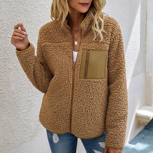 

winter coat fashion stand collar women long sleeve pockets fluffy warm zipper pocket jacket coat outwear 3 colors plus size, Black;brown