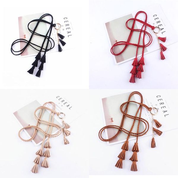 

fashion waist chain belt women's tassels knotted ring rope woven belt decorative dress waist slim women's belts, Black;brown