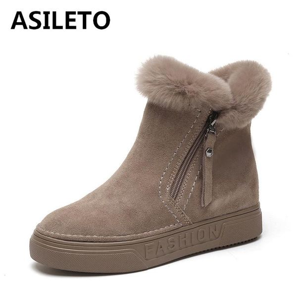 

asileto women ankle snow boots round toe flock nubuck zip warm plush flat non-slip 3.5cm big size 35-40 casual winter s2094, Black