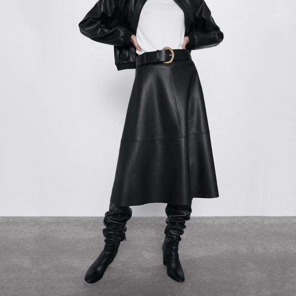 

autumn winter skirt women faux leather skirts fashion clothes wild black long skirt with belt 2019 new1