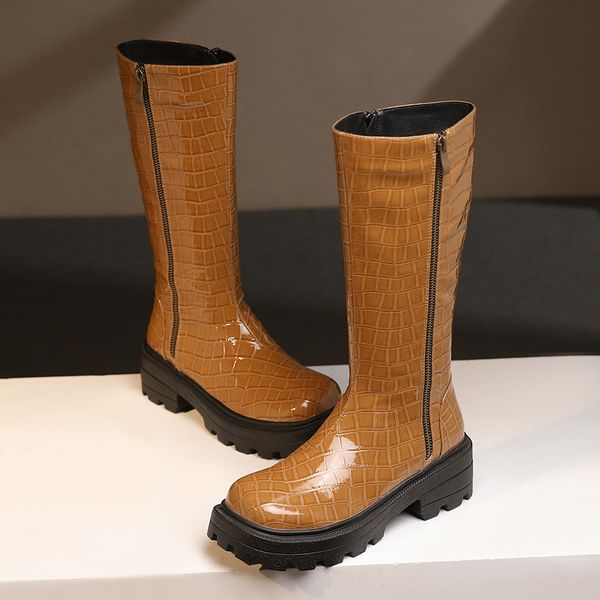 

2021 new mid calf high heel zipper women shoes pu leather retro square toe platform long boots size 34-43 03wu, Black