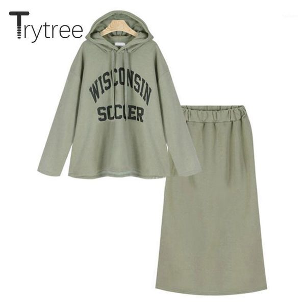 

trytree 2019 autumn winter two piece set hooded drawstring letter sweatshirt + skirt solid fashion mid-calf set 2 piece1, White