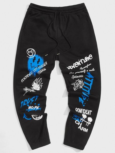 

men letter and cartoon graphic sweatpants 43se#, Black