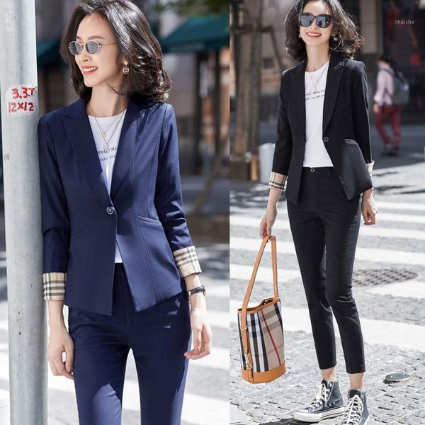 

fashion ladies navy blue blazer women business suits with pant and jackets sets work pantsuits office uniform styles1, White