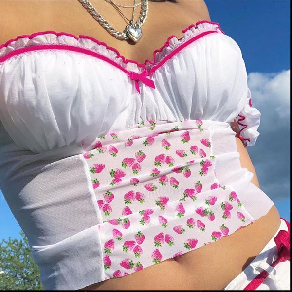 

strawberry print summer ruffles tank women mesh patchwork streetwear home fashion leisure bralette crop, White