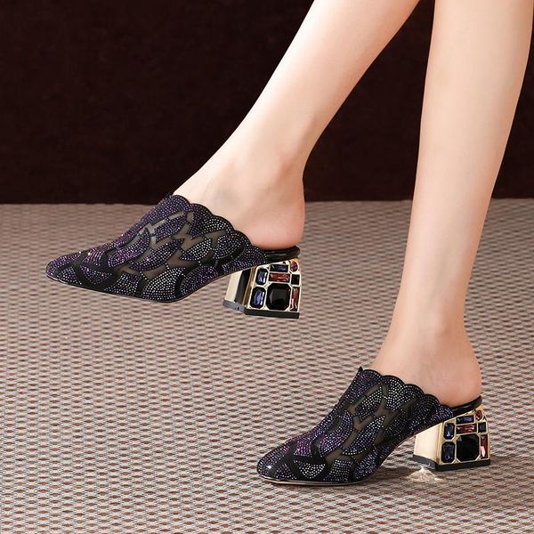 

slippers glitter crystal square toe women mules genuine leather high heels pumps spring summer wedding office lady shoes woman, Black