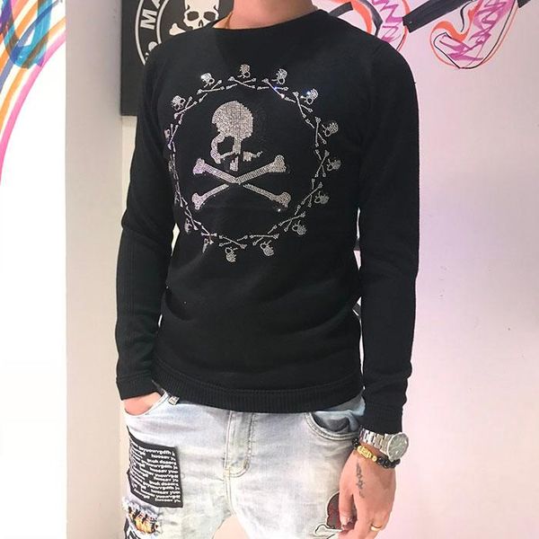 

autumn and winter new classic skull series high temperature drill men's sweater 805, White;black