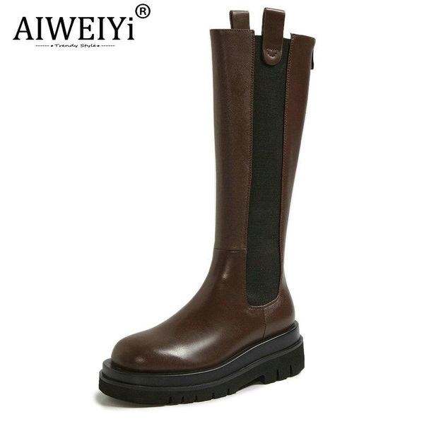 

aiweiyi women genuine leather boots handmade round toe autumn winter fashion casual shoes ladies platform boots, Black