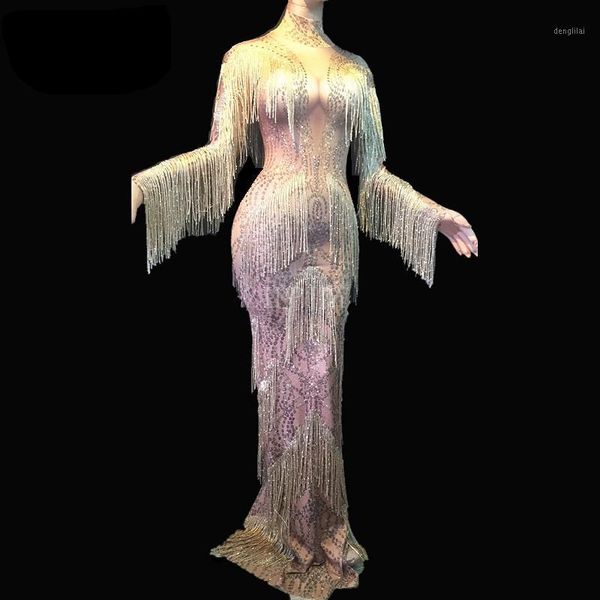 

golden rhinestones fringes dress stage wear singer evening performance tassel long dresses prom birthday celebrate party dresses1, Black;gray