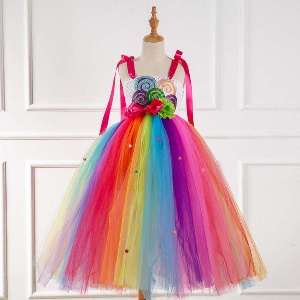

popular new lollipop long girl's drs cartoon candy playful rainbow children's princs skirt, Red;yellow