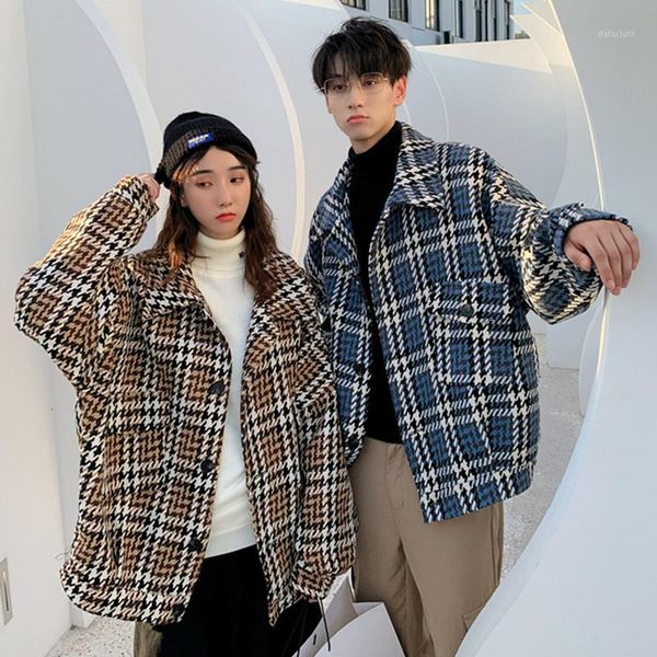 

winter tartan woolen coat men's fashion casual retro woolen jacket men streetwear loose couple jacket male overcoat1, Black;brown