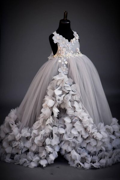 

gray flower girls dresses 2019 3d floral pageant dress for little girls handmade flowers kids birthday party gowns custom made, White;blue