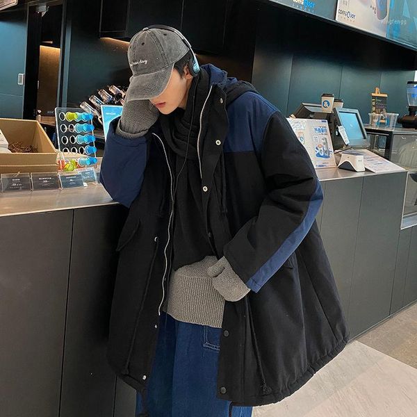 

2020 winter new youth popular men's loose lamb hair long hooded cotton-padded jacket fashion casual color matching, Black