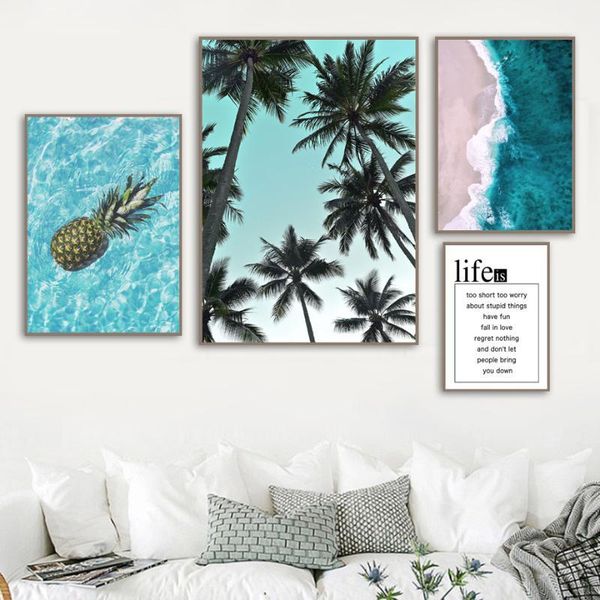 

paintings pineapple palm tree blue sea beach quote wall art canvas painting nordic posters and prints pictures for living room decor1