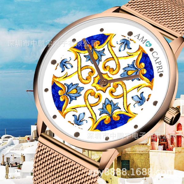 

buckle fashion pin fashion gold mesh watch blue and white porcelain mesh belt women's watch quartz watch ht2e, Slivery;brown